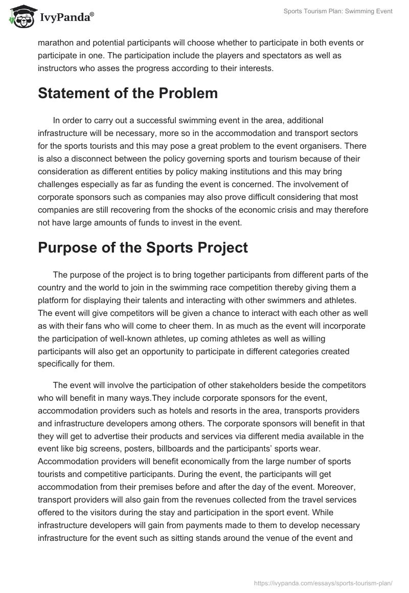 Sports Tourism Plan: Swimming Event. Page 2