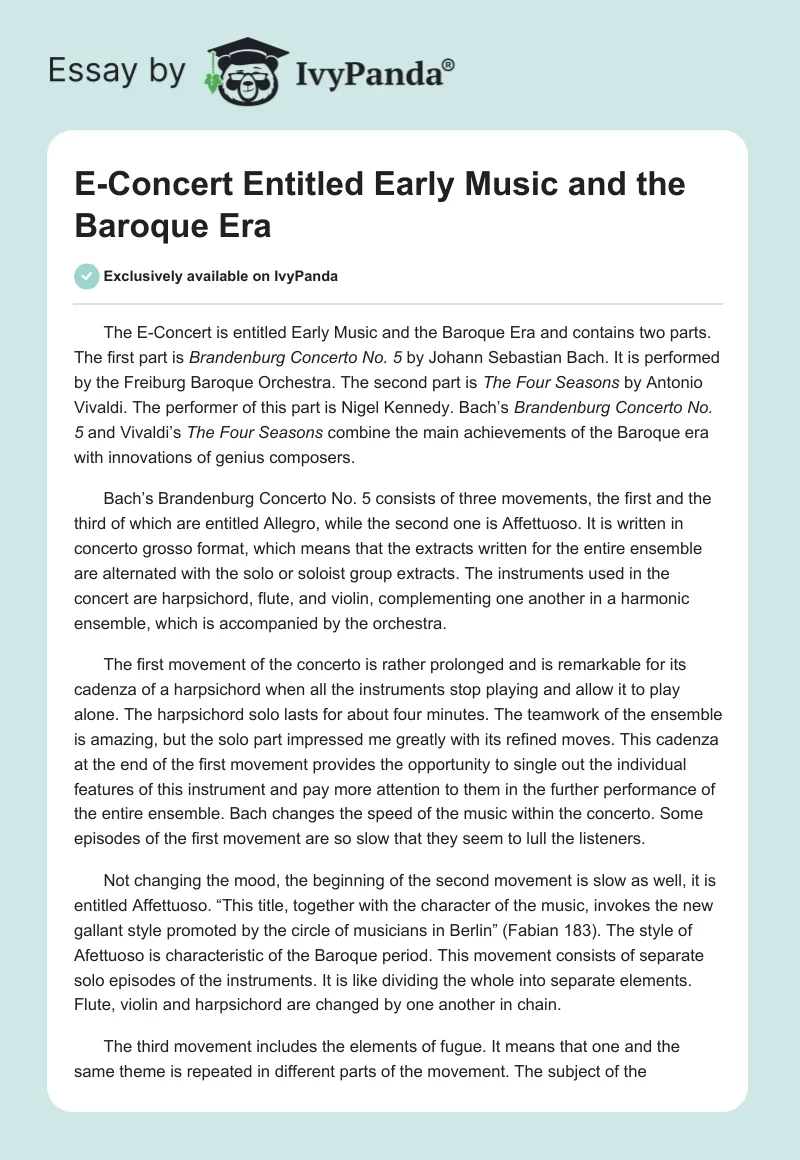 E-Concert Entitled Early Music and the Baroque Era. Page 1