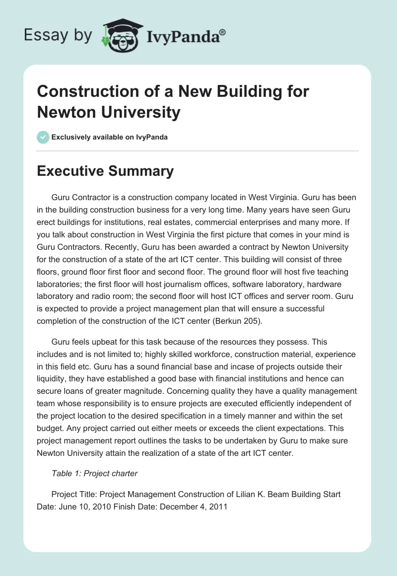 Construction of a New Building for Newton University. Page 1