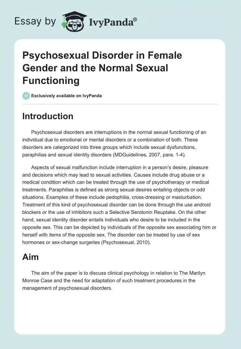 Psychosexual Disorder in Female Gender and the Normal Sexual Functioning. Page 1