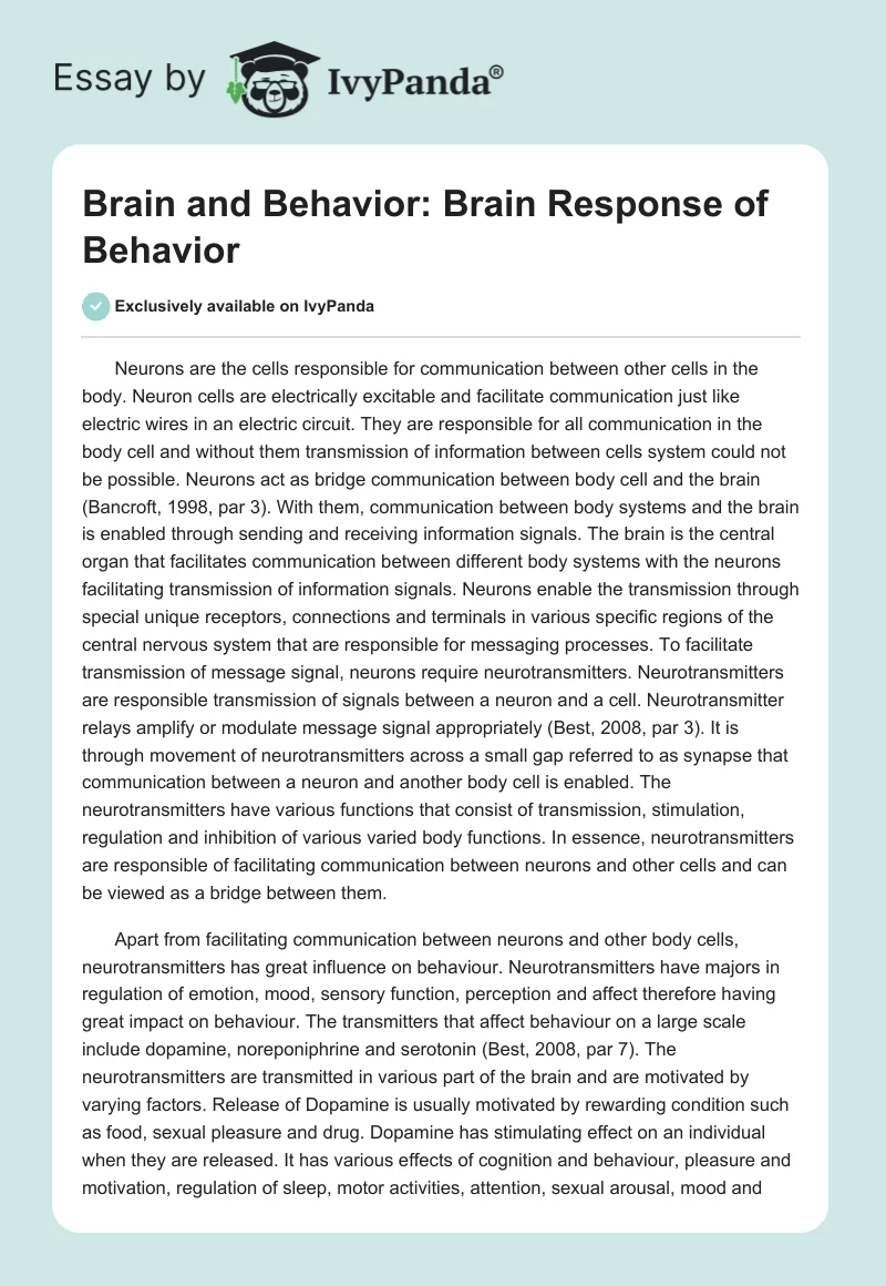 Brain and Behavior: Brain Response of Behavior. Page 1