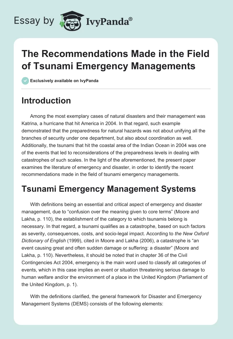 The Recommendations Made in the Field of Tsunami Emergency Managements. Page 1