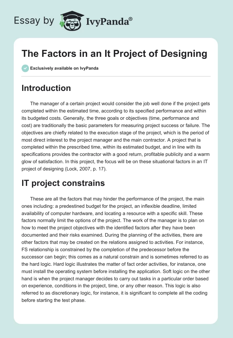 The Factors in an It Project of Designing. Page 1