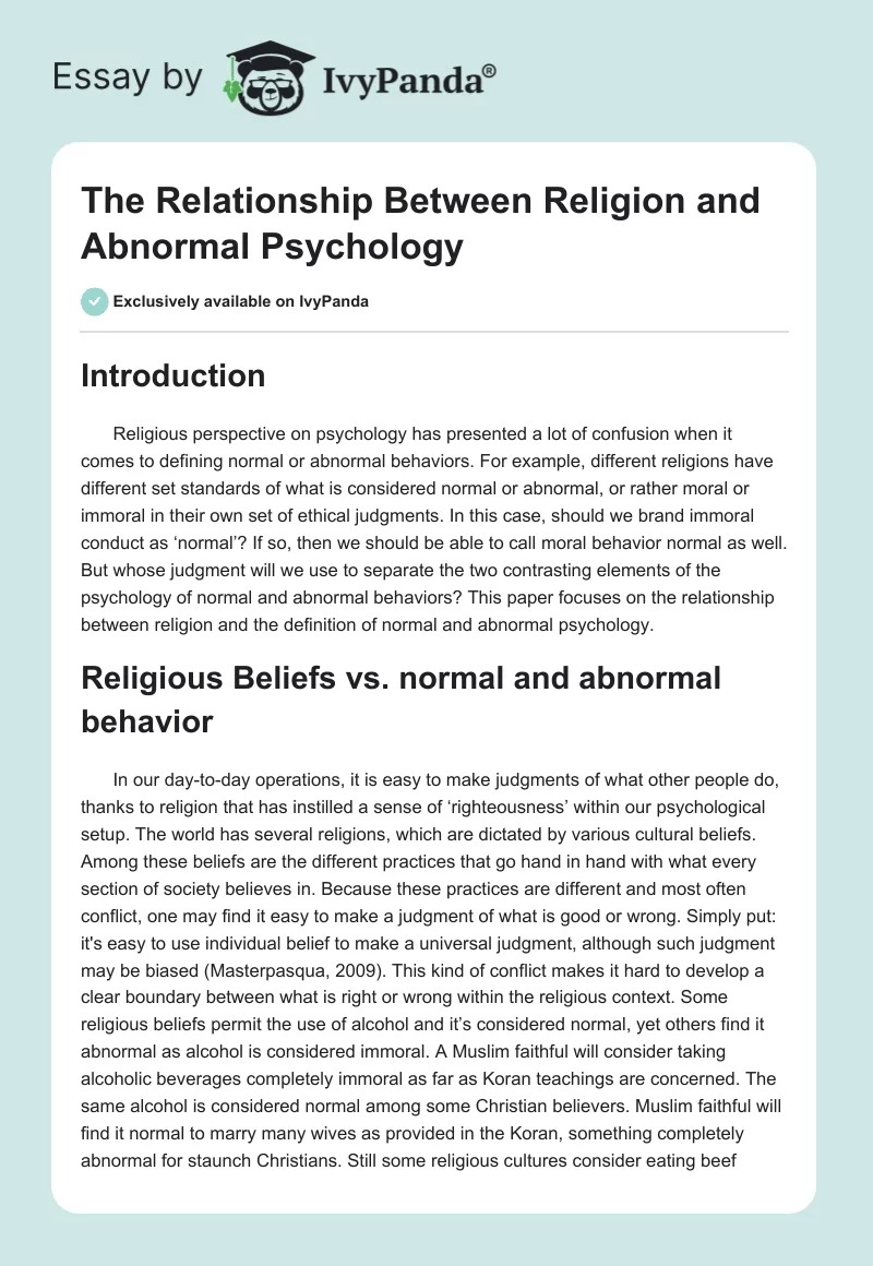 The Relationship Between Religion and Abnormal Psychology. Page 1