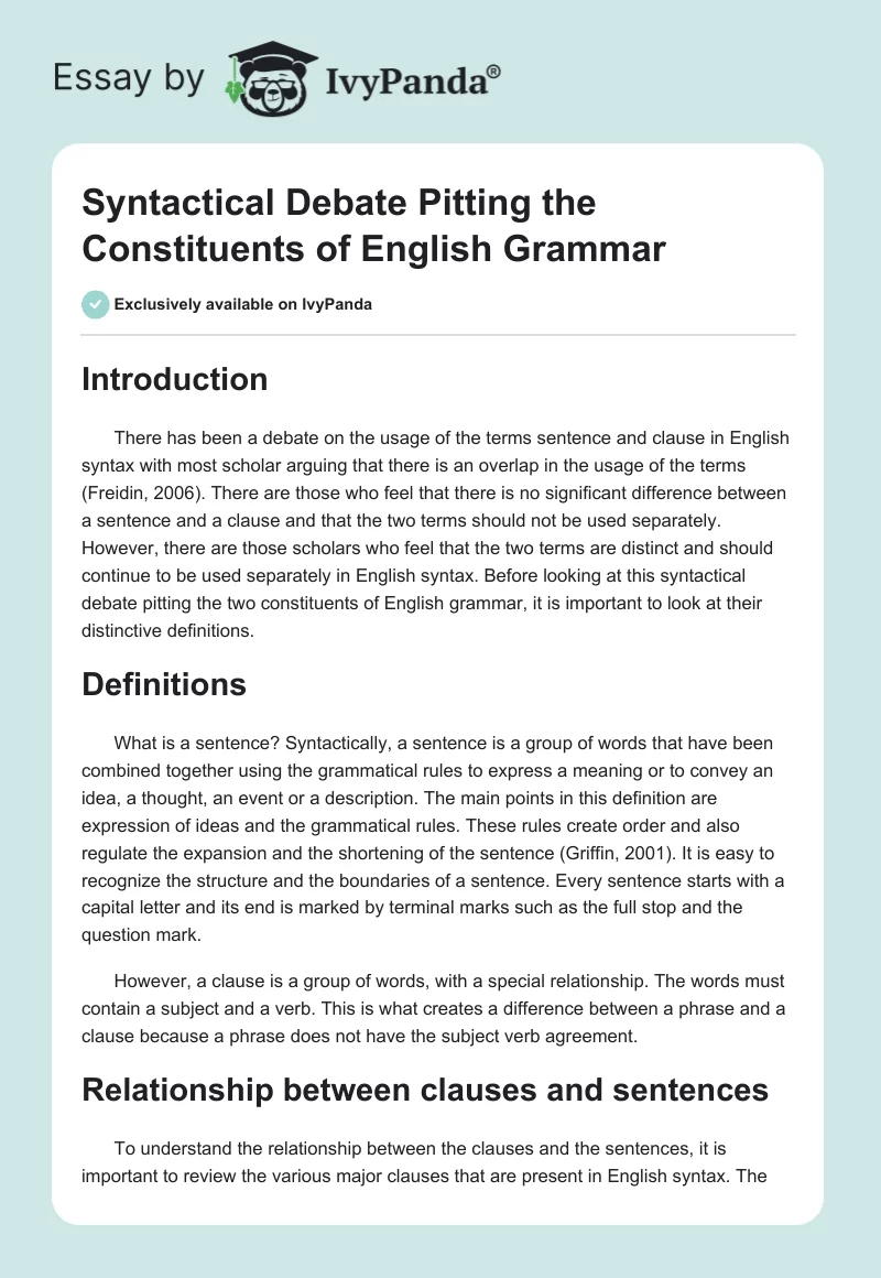 Syntactical Debate Pitting the Constituents of English Grammar. Page 1