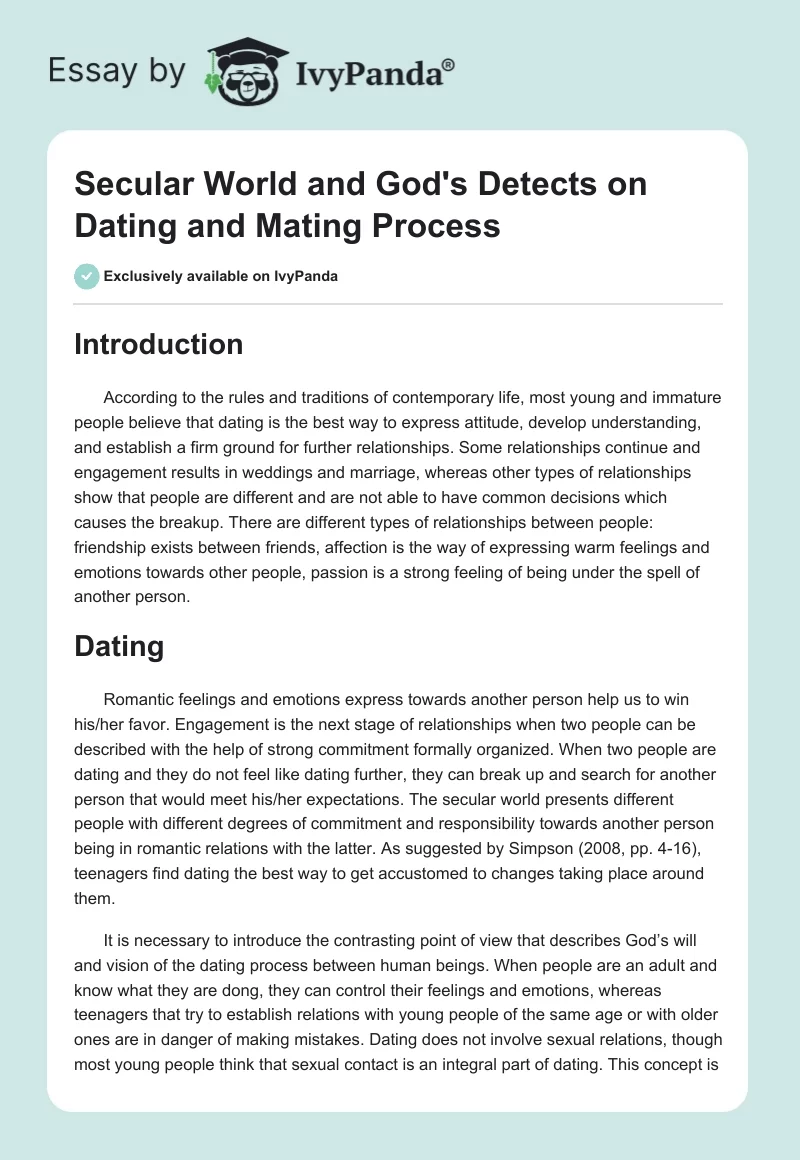 Secular World and God's Detects on Dating and Mating Process. Page 1