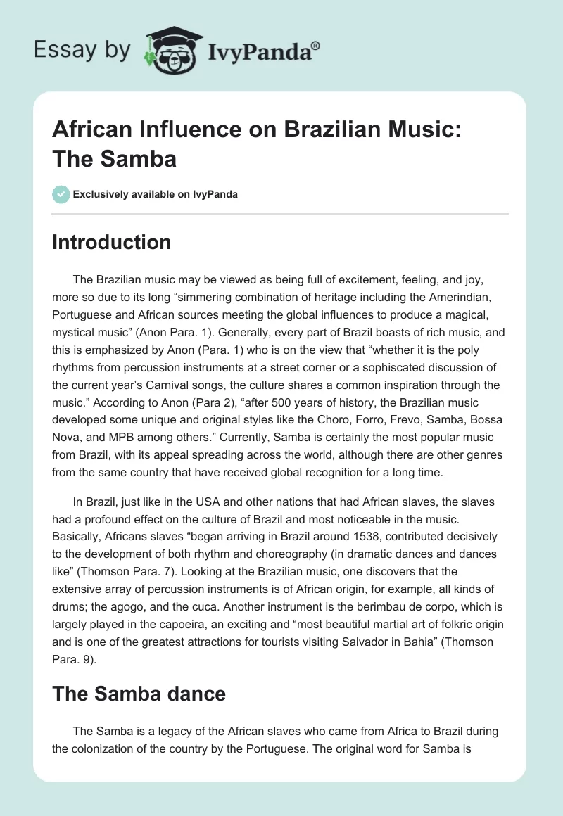 African Influence on Brazilian Music: The Samba. Page 1