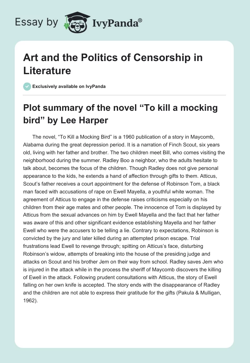 Art and the Politics of Censorship in Literature. Page 1