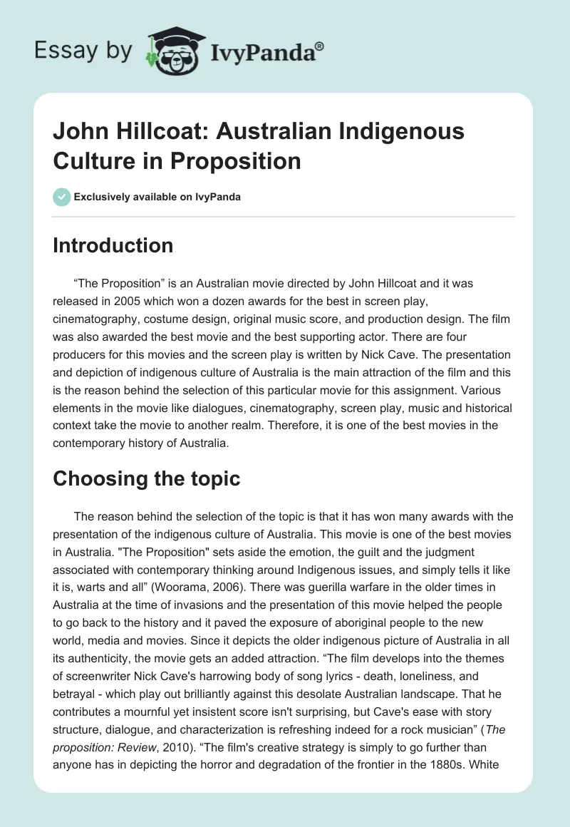 John Hillcoat: Australian Indigenous Culture in "Proposition". Page 1