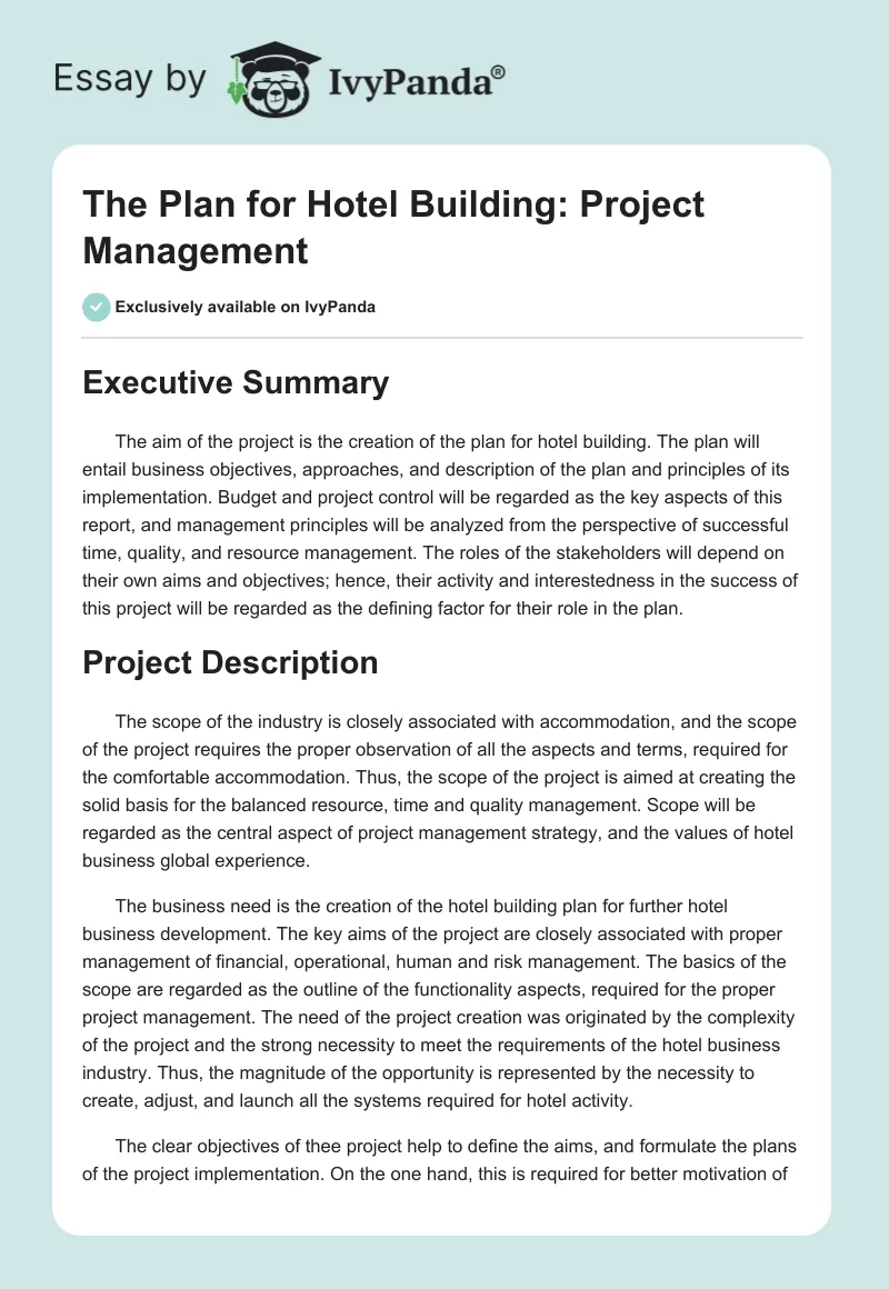 The Plan for Hotel Building: Project Management. Page 1