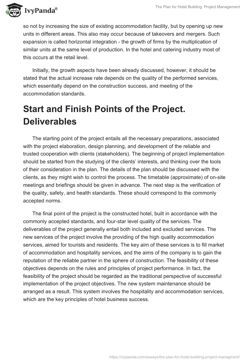 The Plan for Hotel Building: Project Management. Page 4