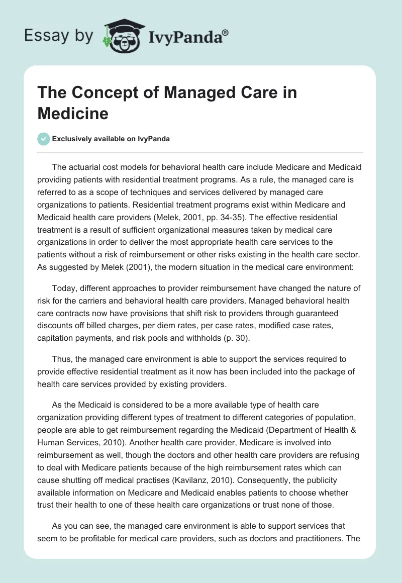 The Concept of Managed Care in Medicine. Page 1