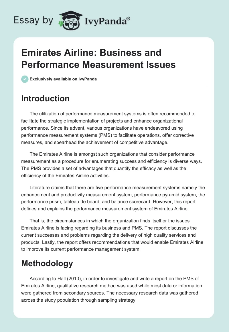 Emirates Airline: Business and Performance Measurement Issues. Page 1