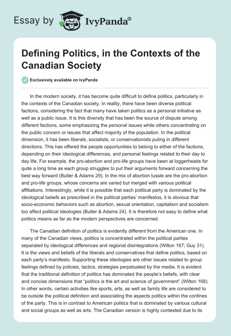 Defining Politics, in the Contexts of the Canadian Society. Page 1