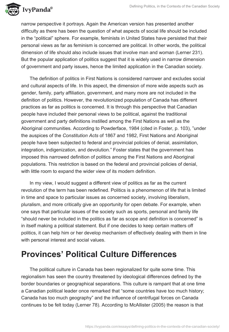 Defining Politics, in the Contexts of the Canadian Society. Page 2