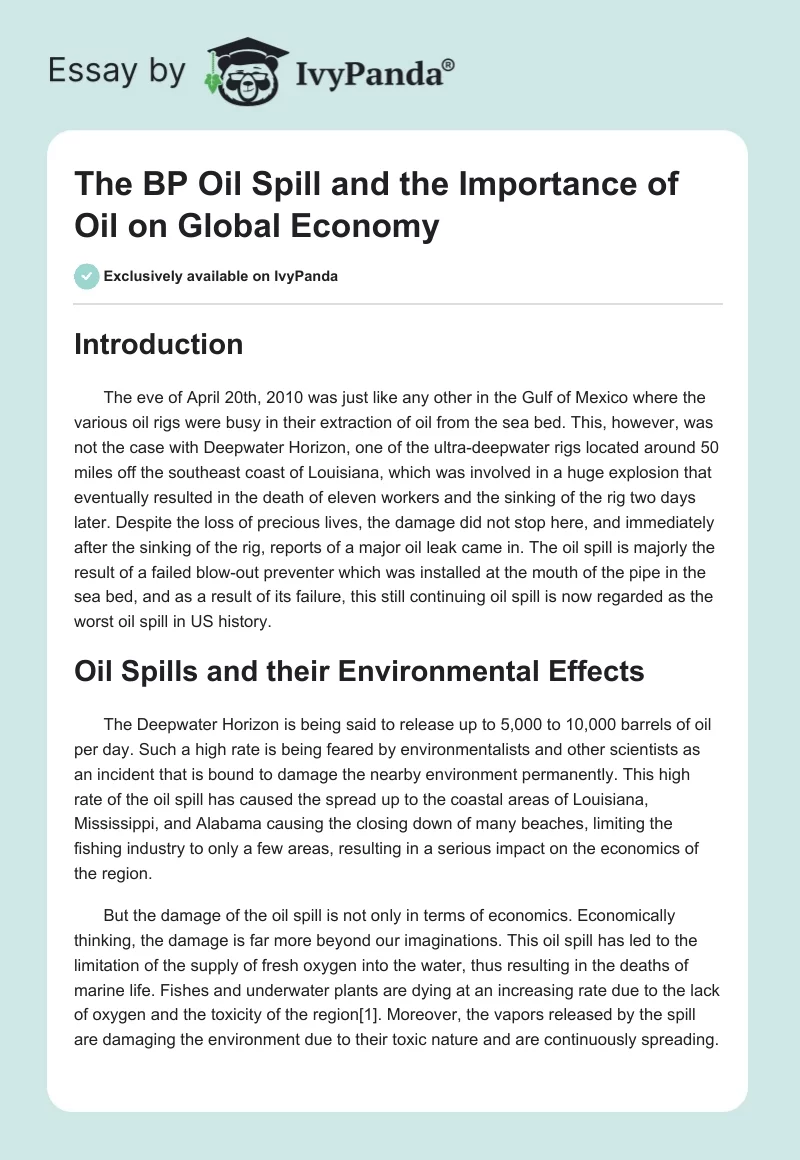 The BP Oil Spill and the Importance of Oil on Global Economy. Page 1