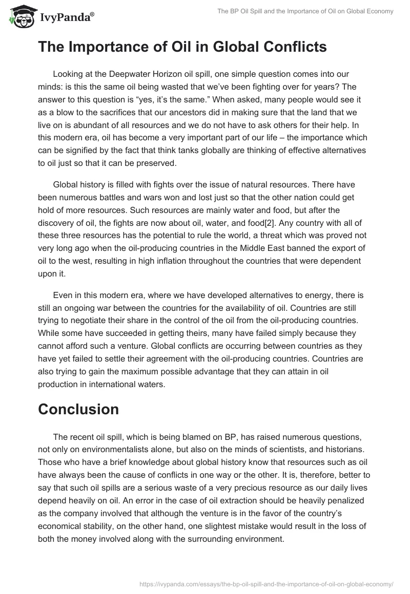 The BP Oil Spill and the Importance of Oil on Global Economy. Page 2