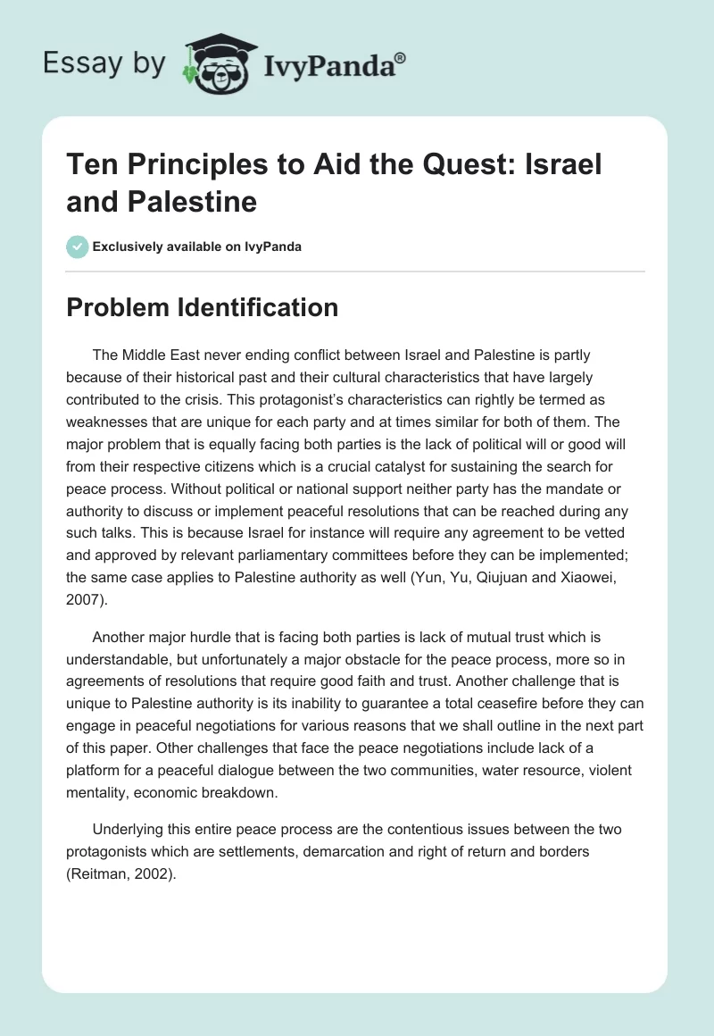 Ten Principles to Aid the Quest: Israel and Palestine. Page 1