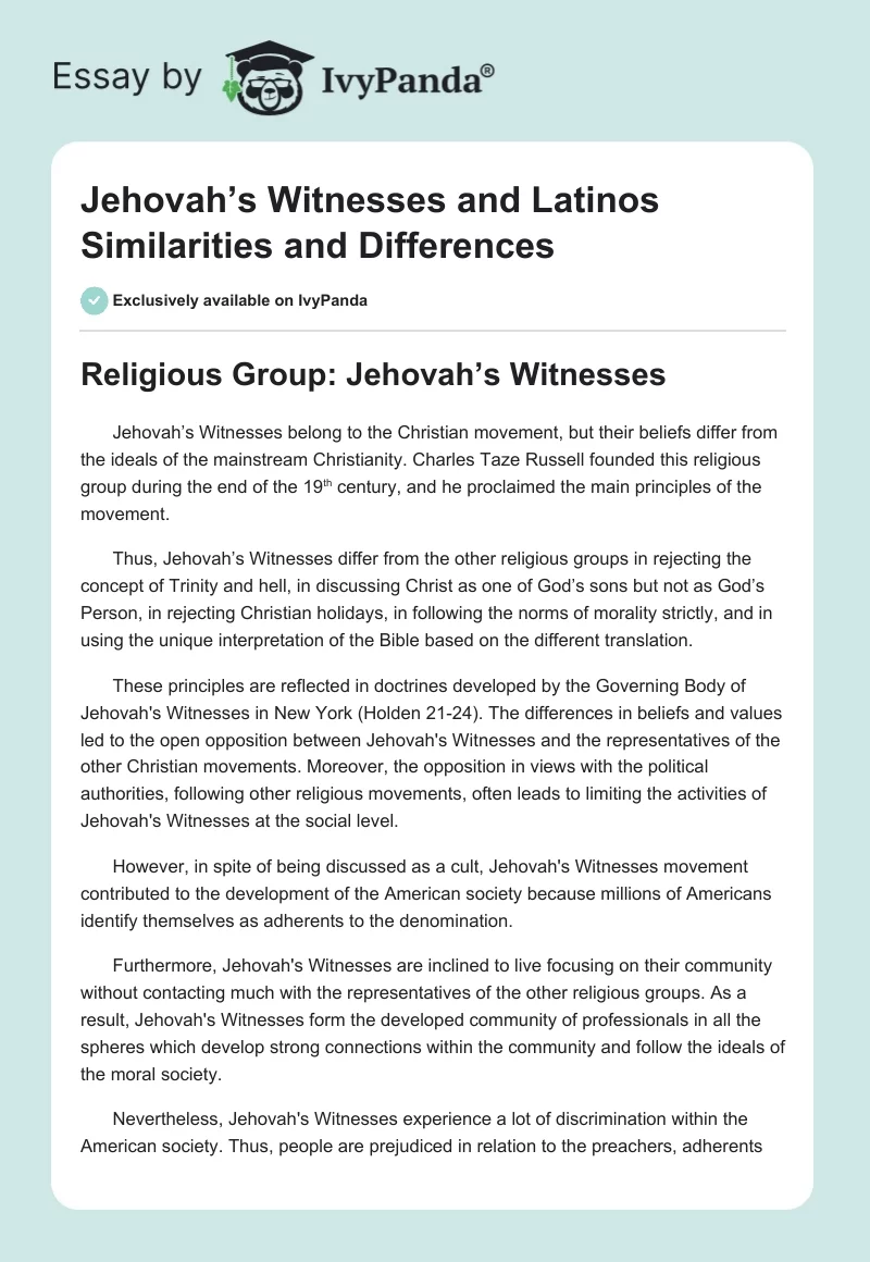 Jehovah’s Witnesses and Latinos Similarities and Differences. Page 1
