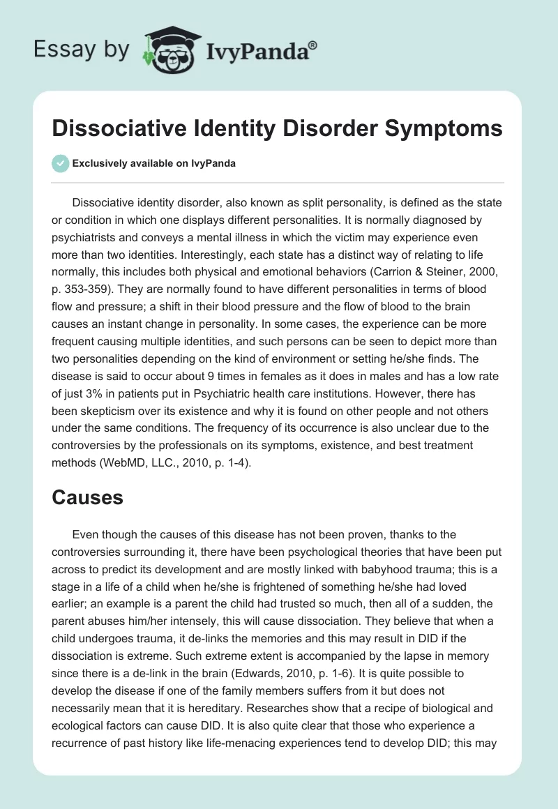 Dissociative Identity Disorder Symptoms. Page 1