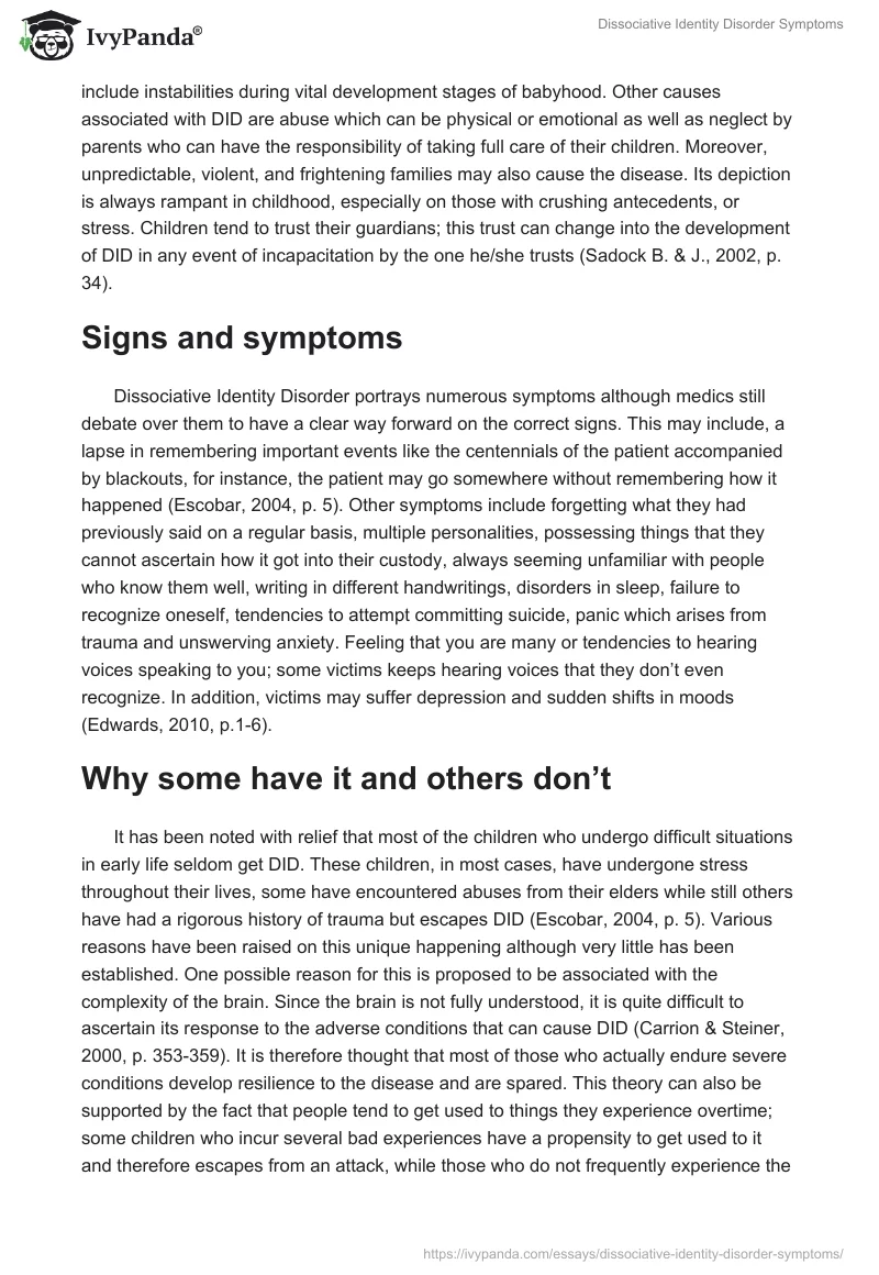 Dissociative Identity Disorder Symptoms. Page 2