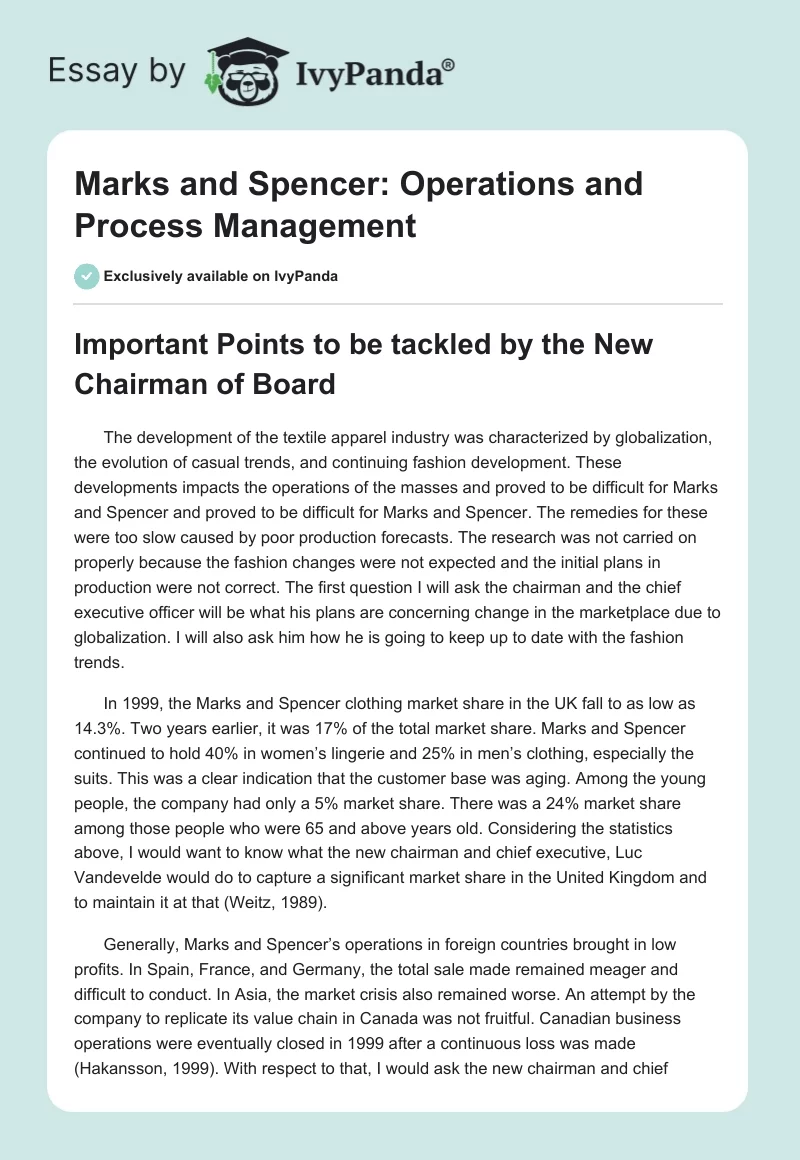 Marks and Spencer: Operations and Process Management. Page 1
