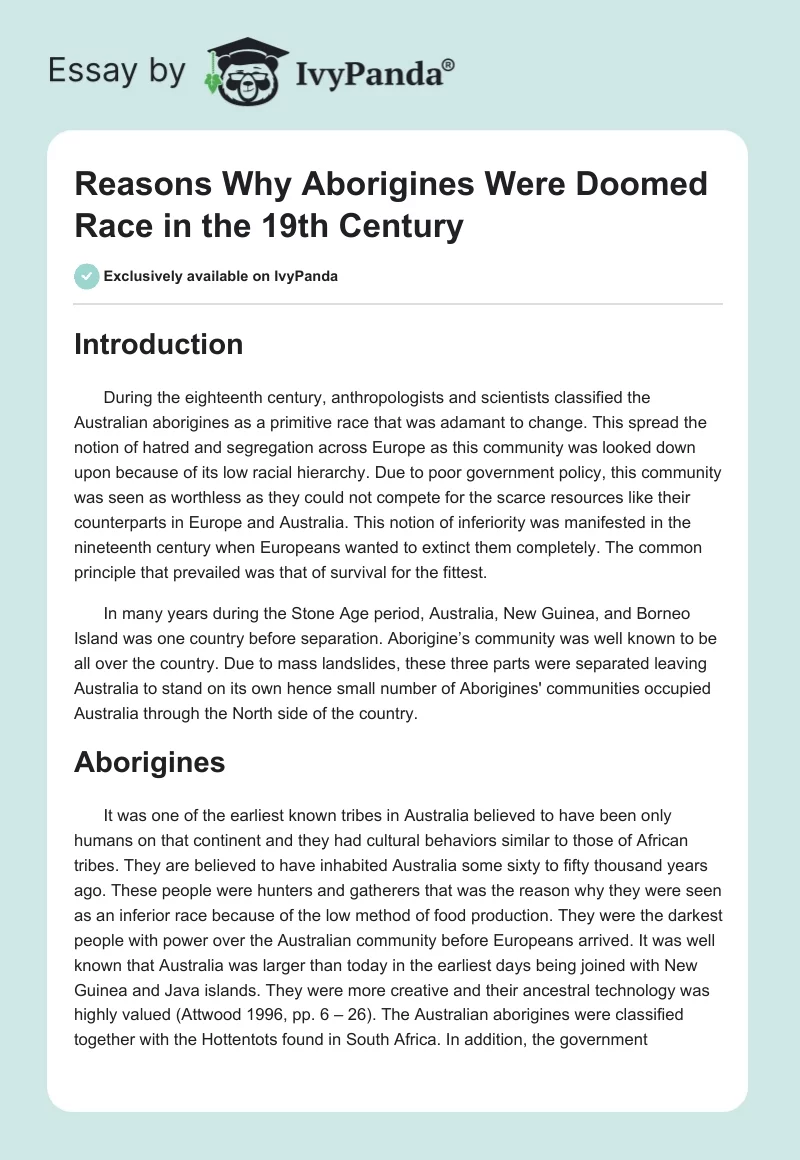 Reasons Why Aborigines Were Doomed Race in the 19th Century. Page 1