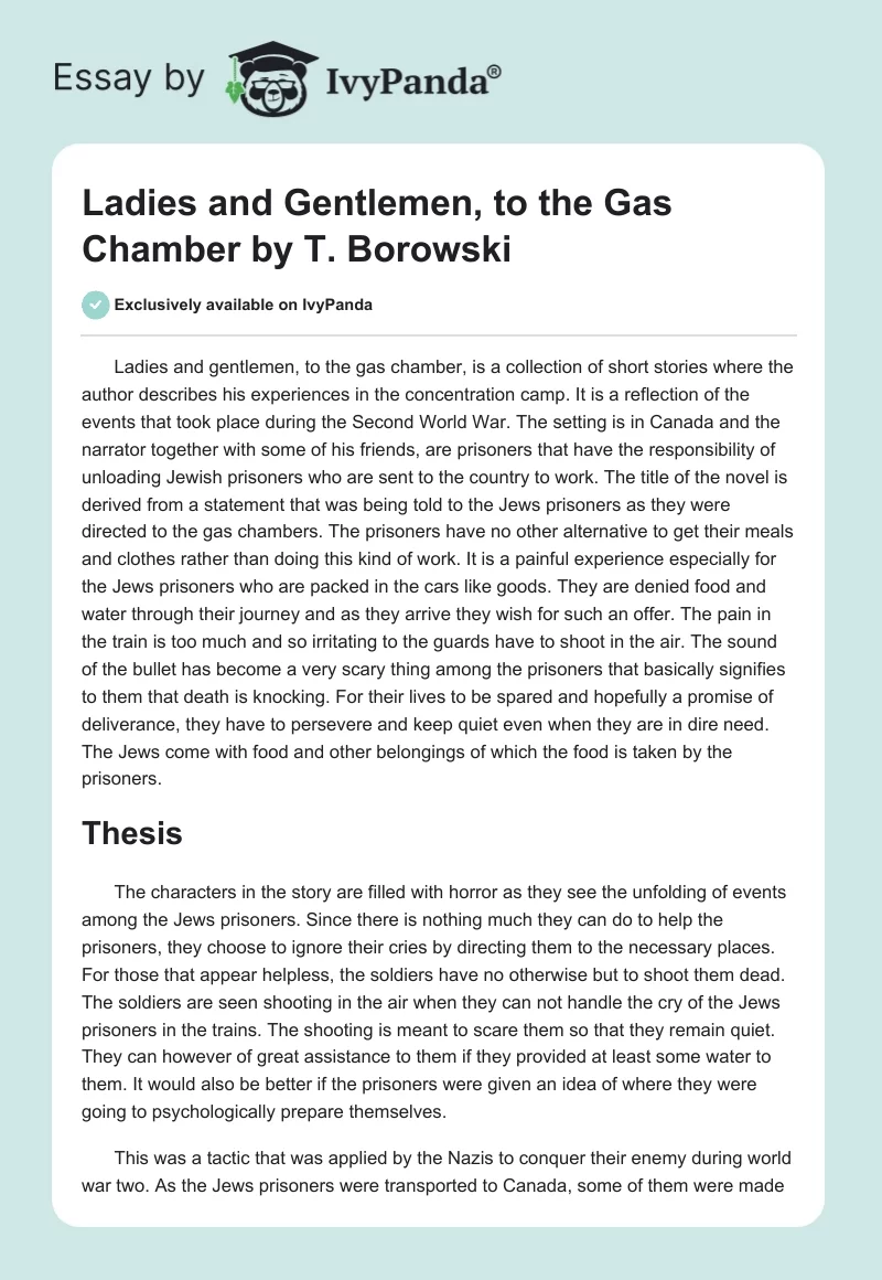 "Ladies and Gentlemen, to the Gas Chamber" by T. Borowski. Page 1