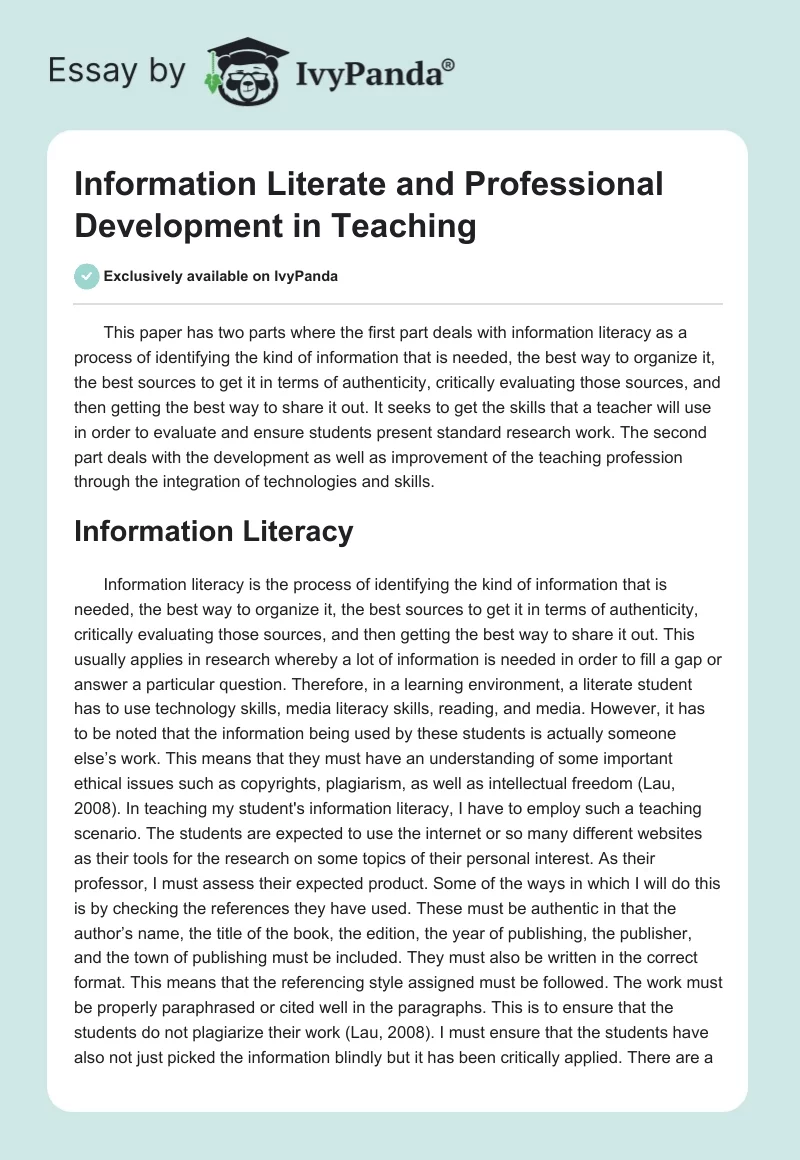 Information Literate and Professional Development in Teaching. Page 1