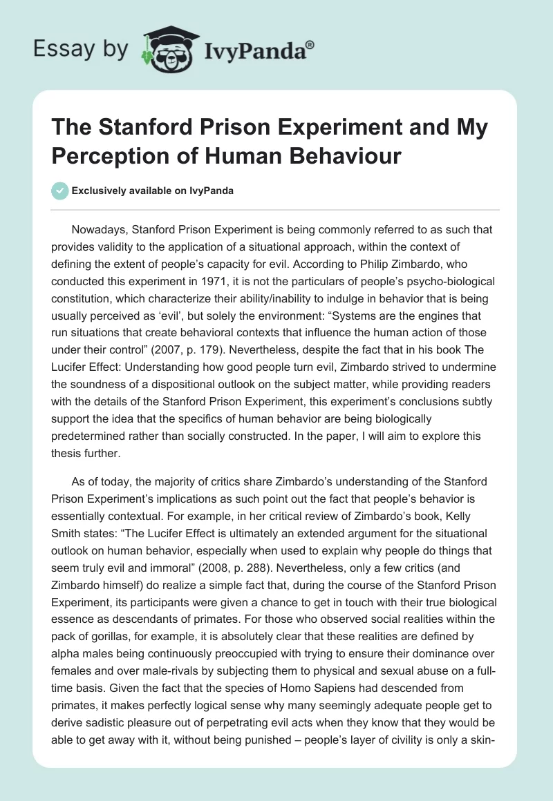 The Stanford Prison Experiment and My Perception of Human Behaviour. Page 1