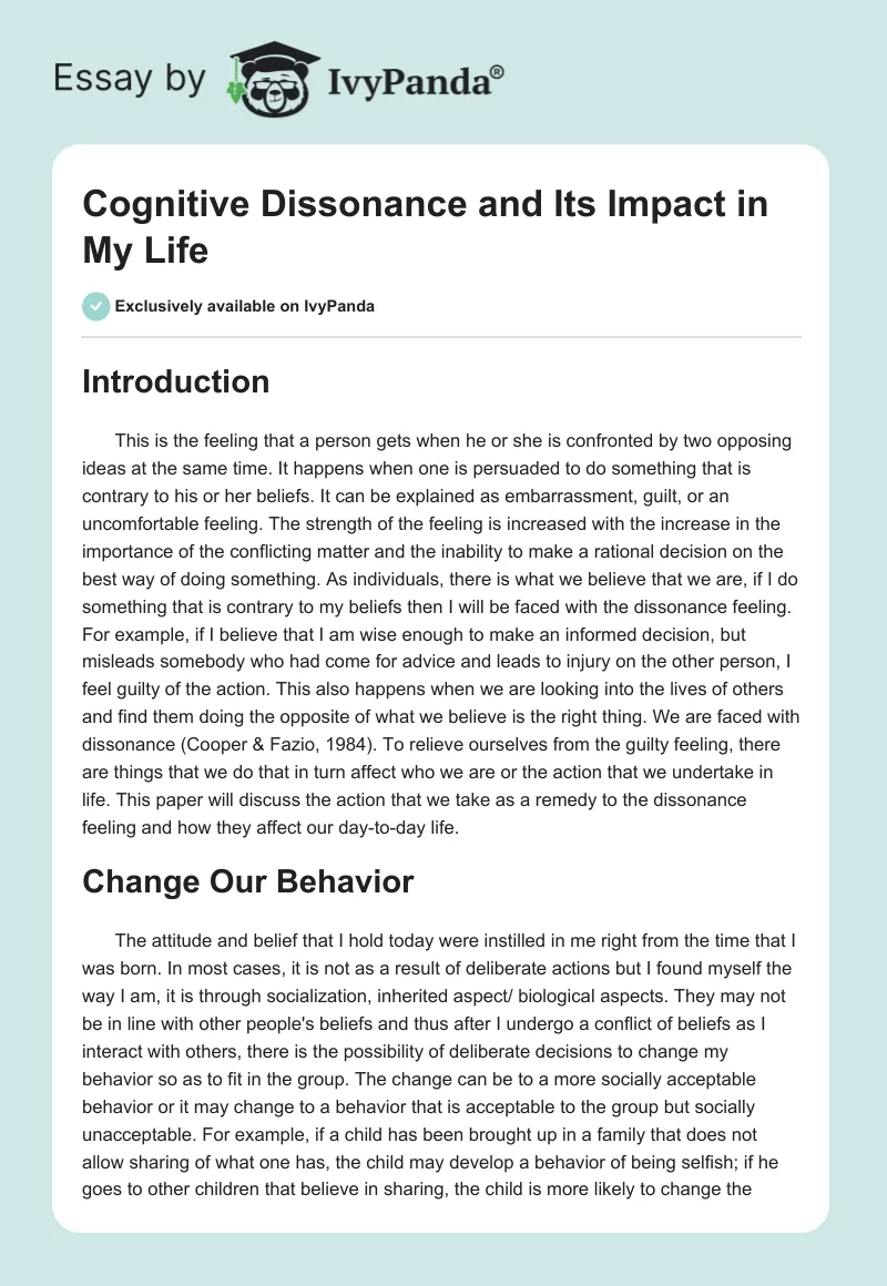 Cognitive Dissonance and Its Impact in My Life. Page 1
