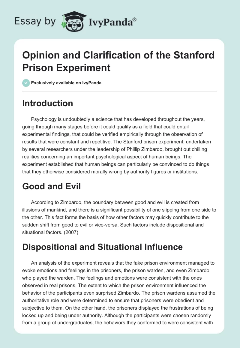 Opinion and Clarification of the Stanford Prison Experiment. Page 1