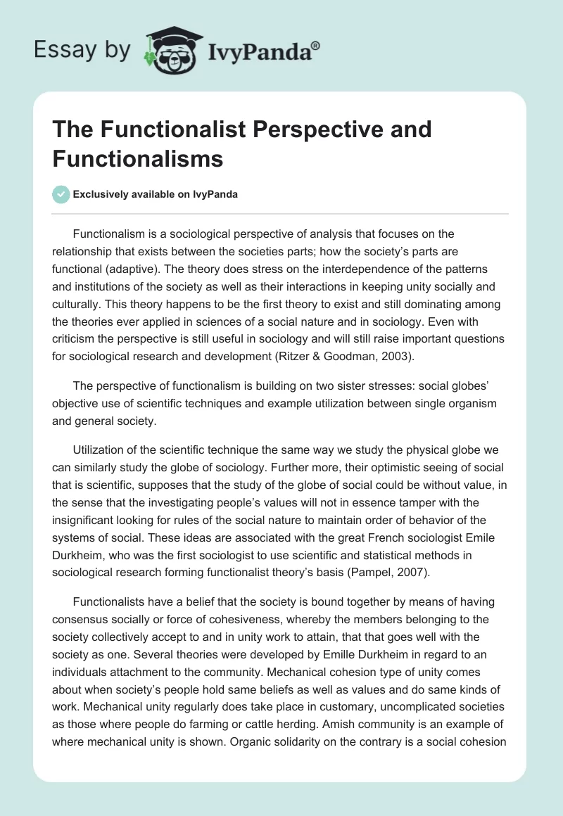 The Functionalist Perspective and Functionalisms. Page 1