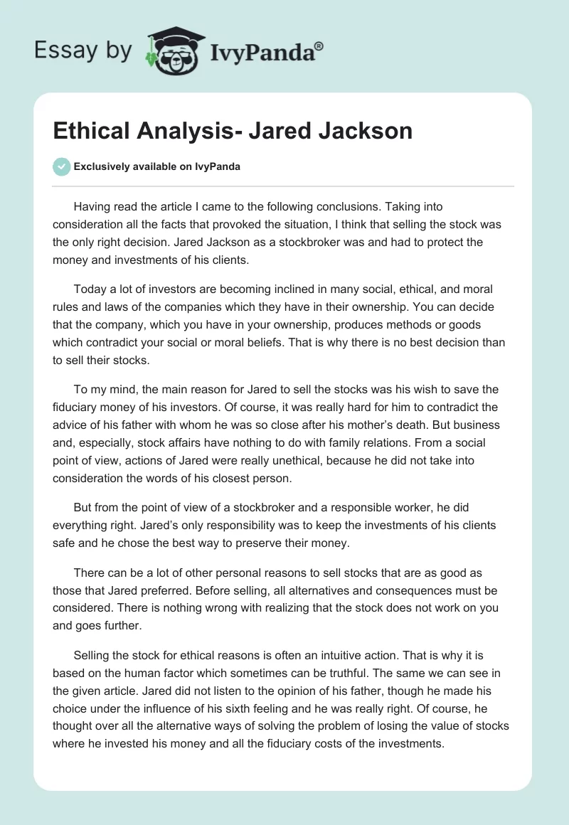 Ethical Analysis- Jared Jackson. Page 1