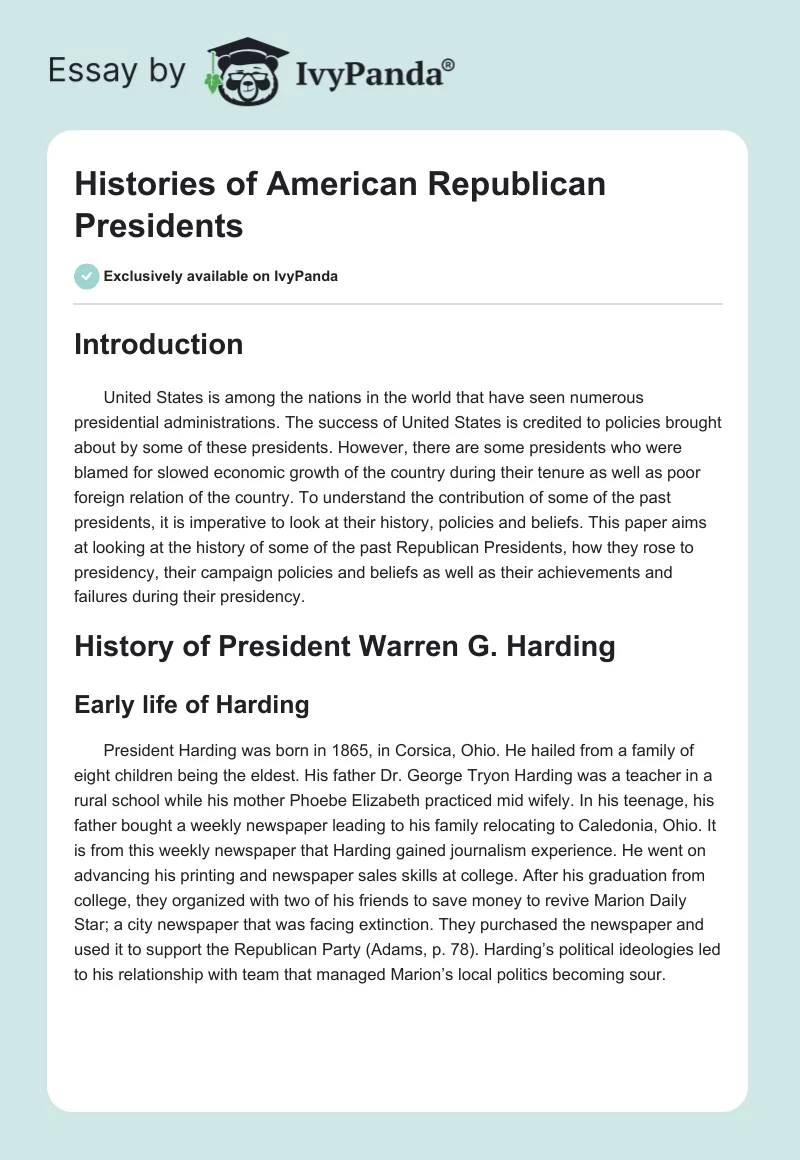Histories of American Republican Presidents. Page 1