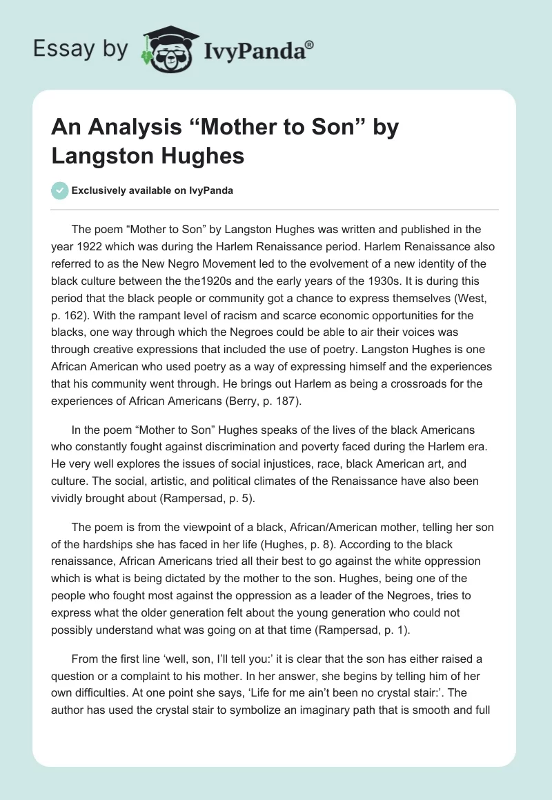 An Analysis “Mother to Son” by Langston Hughes. Page 1