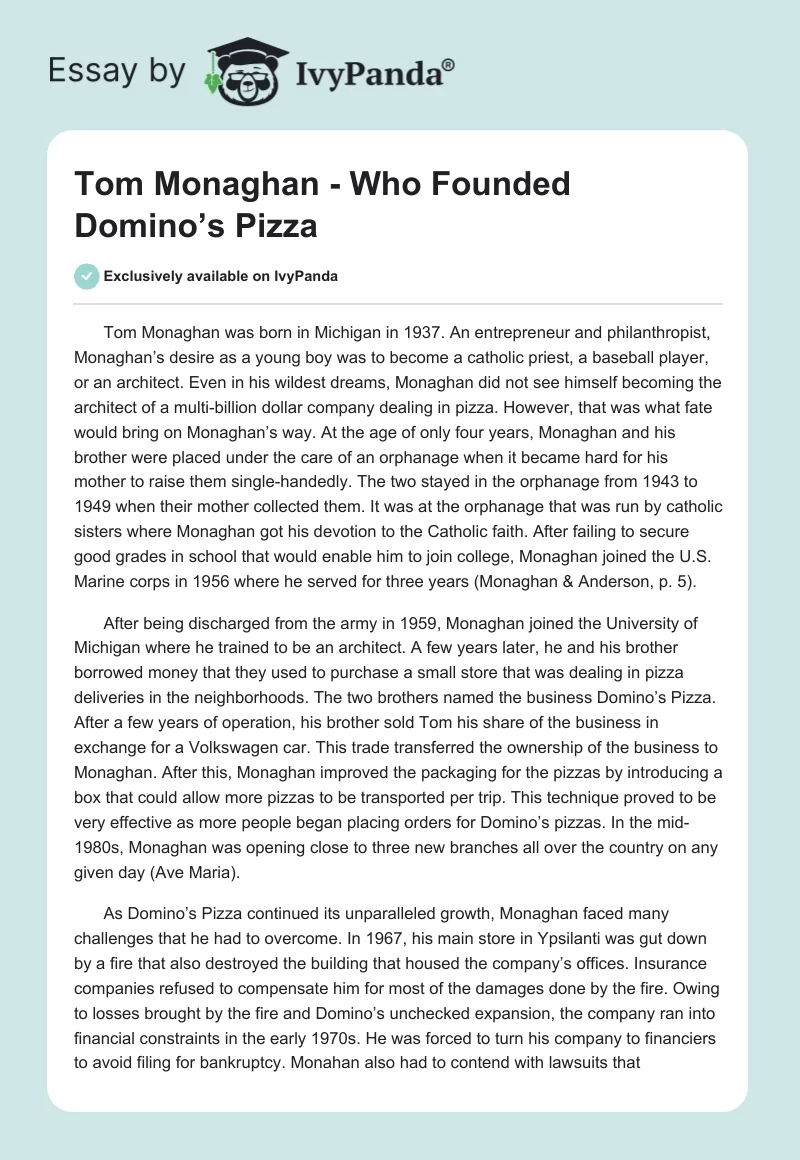 Tom Monaghan - Who Founded Domino’s Pizza. Page 1