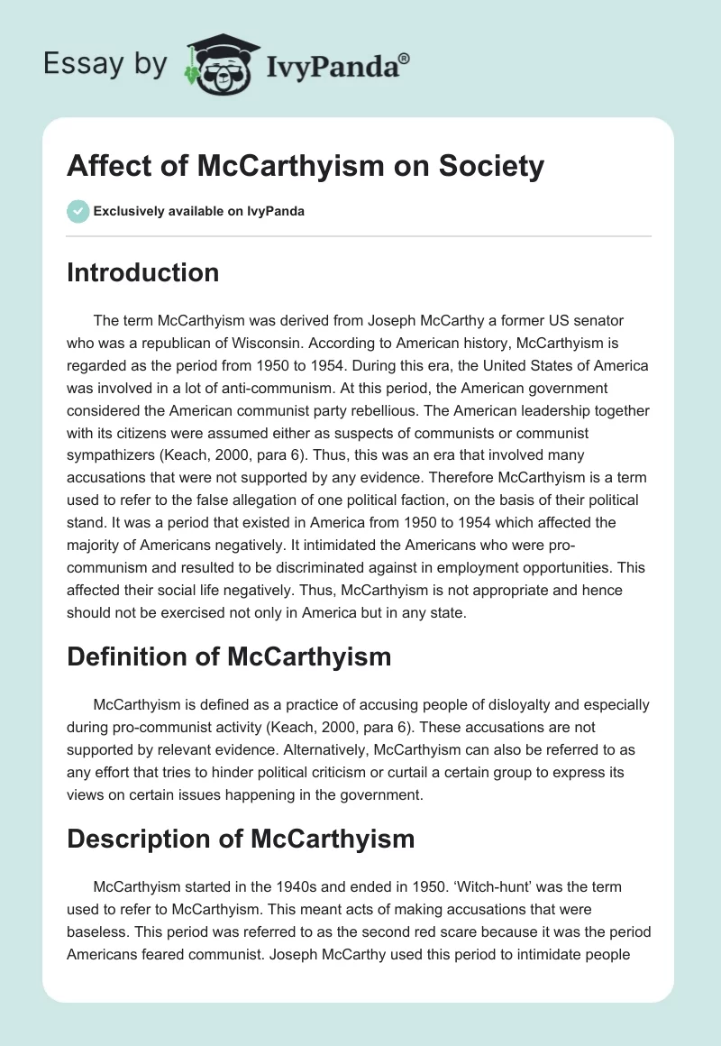 Affect of McCarthyism on Society. Page 1