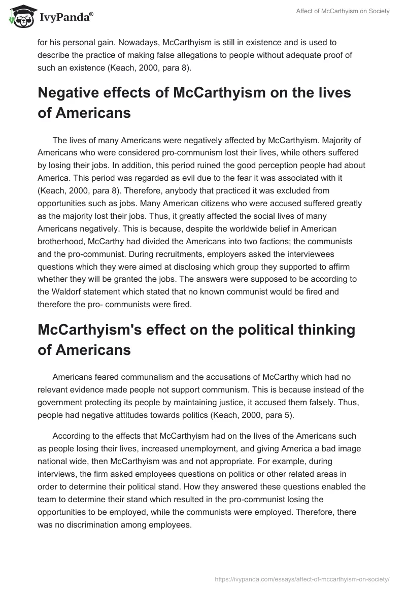 Affect of McCarthyism on Society. Page 2