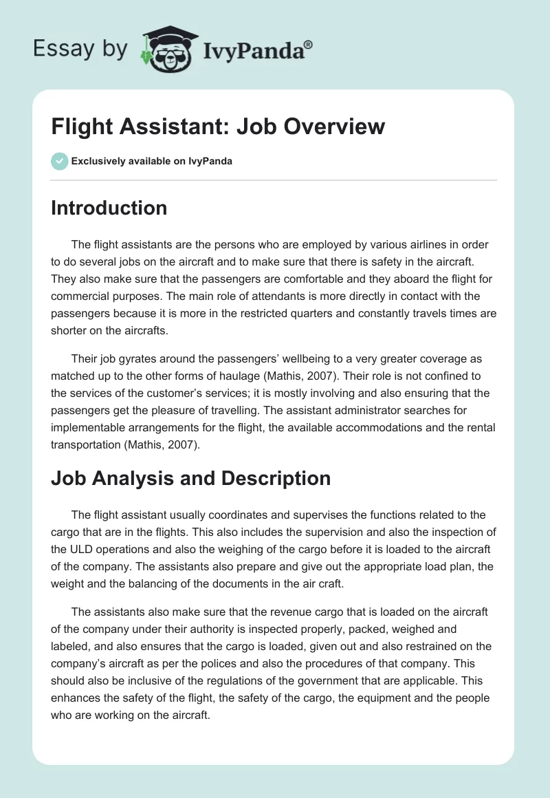 Flight Assistant: Job Overview. Page 1