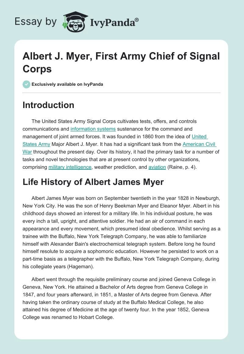 Albert J. Myer, First Army Chief of Signal Corps. Page 1