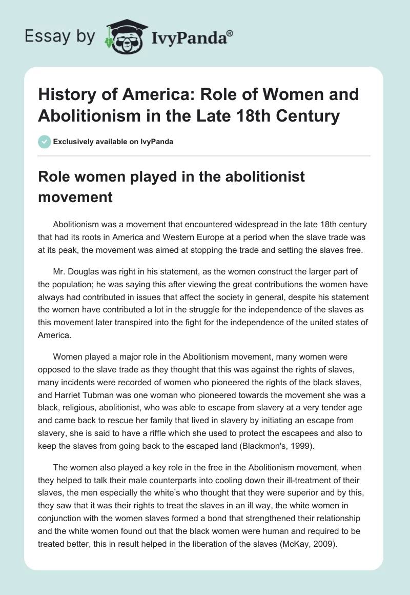 History of America: Role of Women and Abolitionism in the Late 18th Century. Page 1