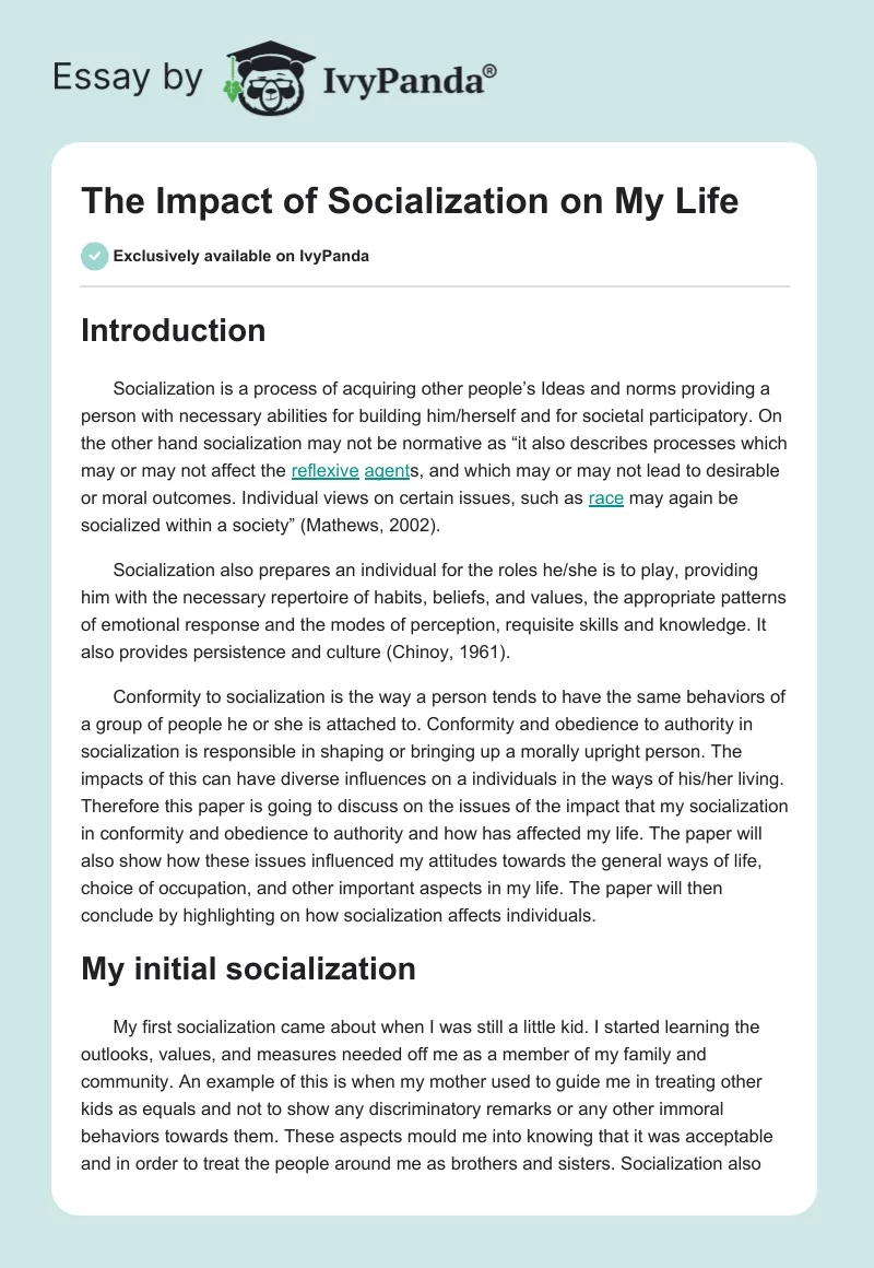 The Impact of Socialization on My Life. Page 1