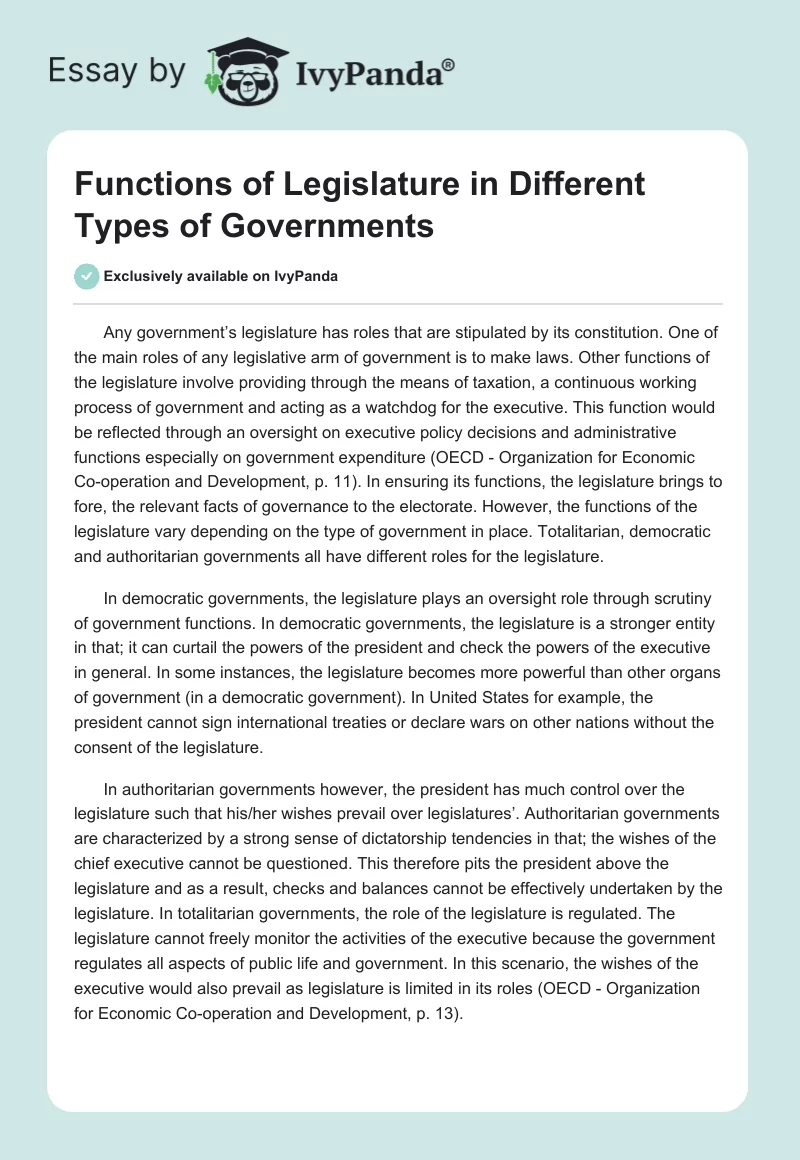 Functions of Legislature in Different Types of Governments. Page 1