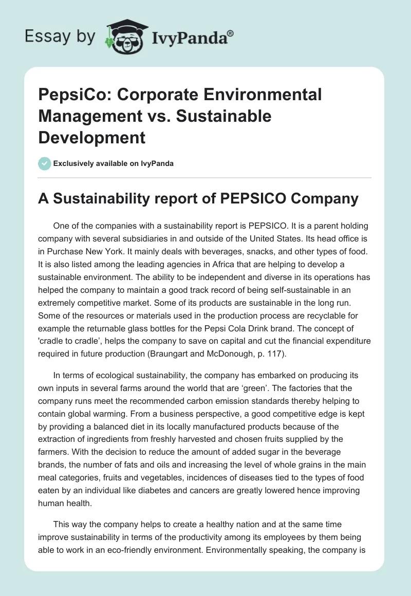 PepsiCo: Corporate Environmental Management vs. Sustainable Development. Page 1