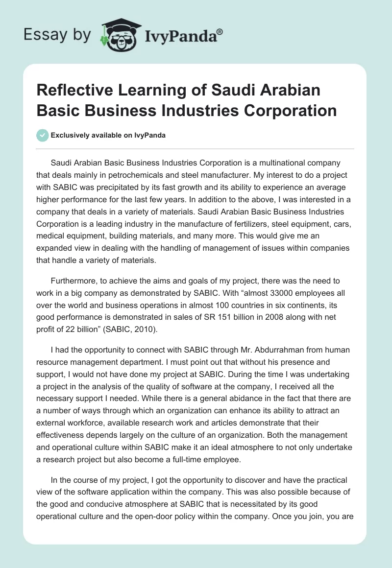 Reflective Learning of Saudi Arabian Basic Business Industries Corporation. Page 1