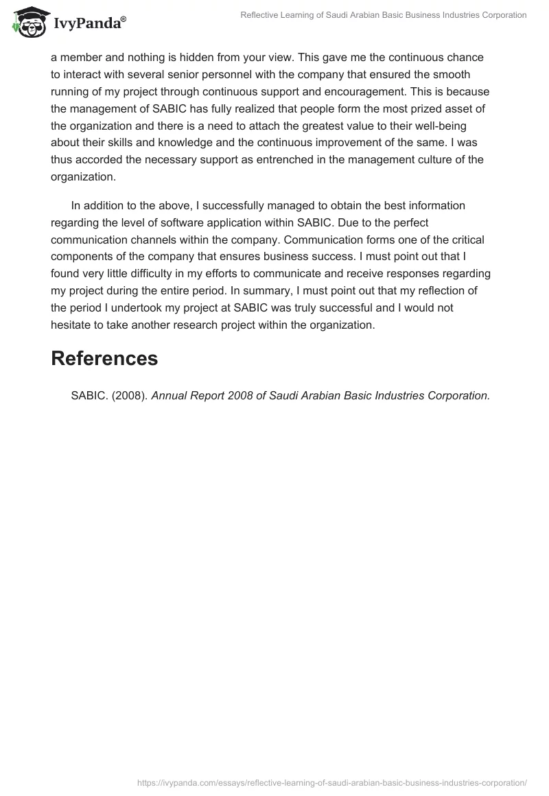Reflective Learning of Saudi Arabian Basic Business Industries Corporation. Page 2