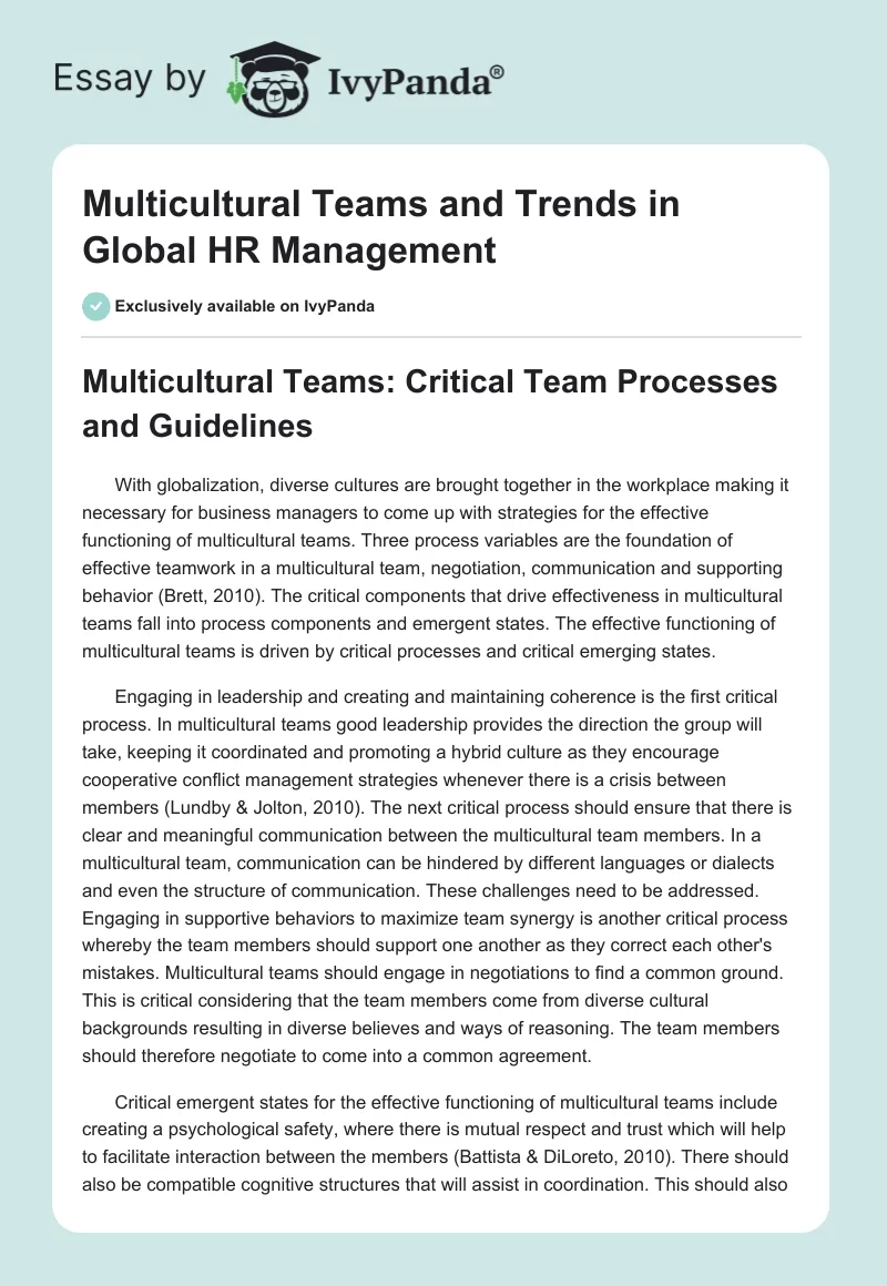 Multicultural Teams and Trends in Global HR Management. Page 1