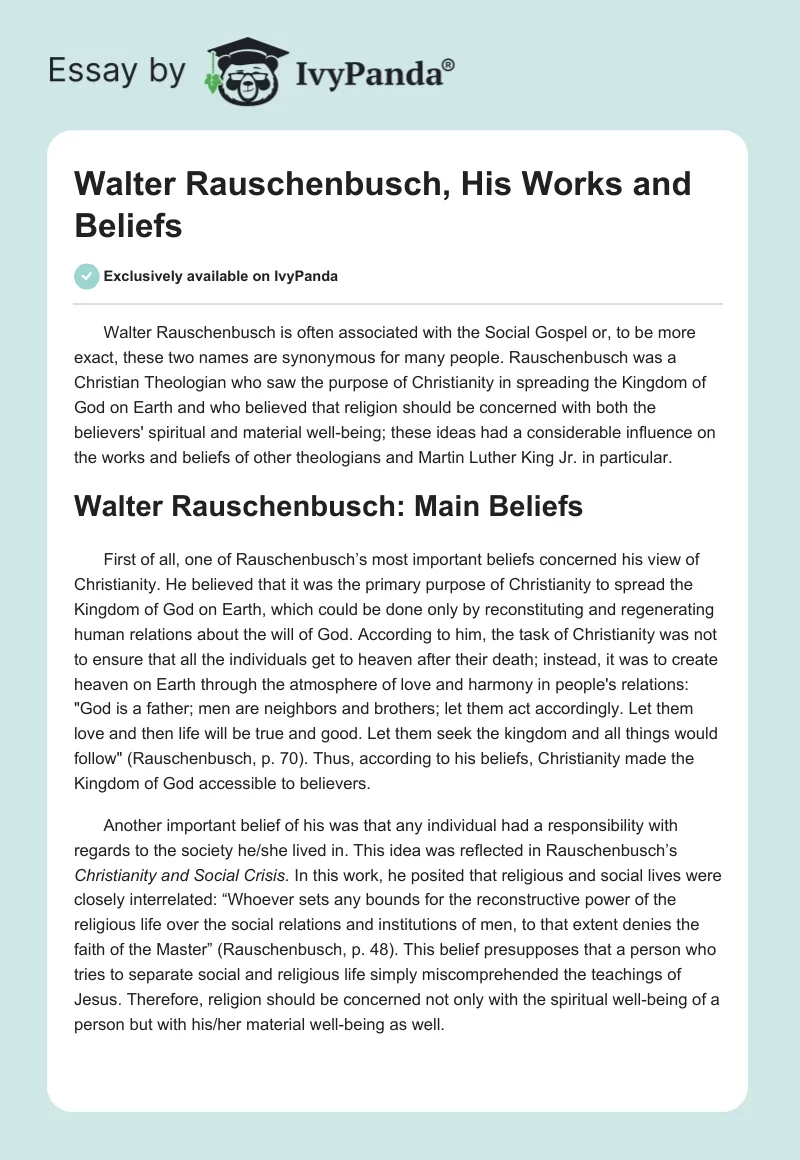 Walter Rauschenbusch, His Works and Beliefs. Page 1
