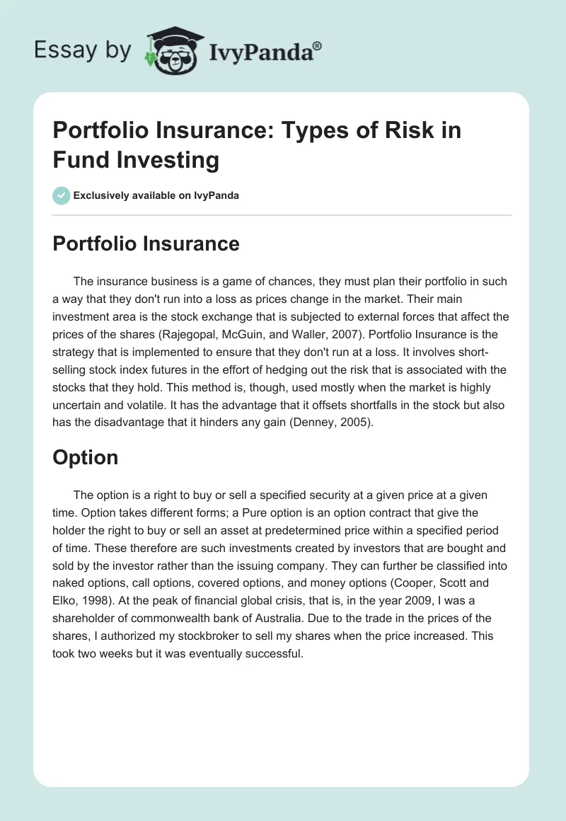 Portfolio Insurance: Types of Risk in Fund Investing. Page 1